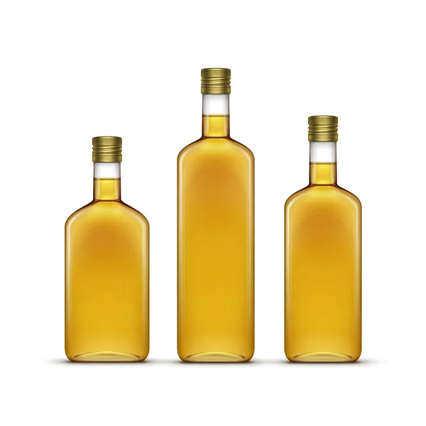 Ποτά αλκοόλ ποτά ουίσκι ή ελαιόλαδο ηλιέλαιο γυάλινες φιάλες — Διανυσματικό Αρχείο