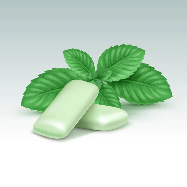 Vector de goma de mascar con hojas de menta fresca aisladas en blanco — Vector de stock