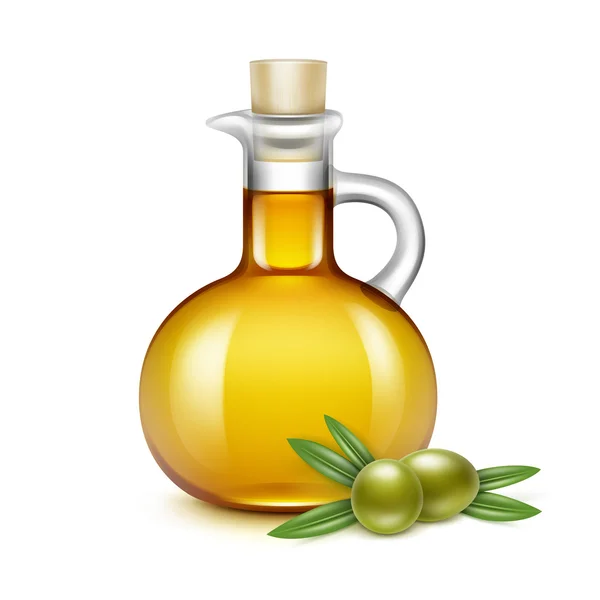 Brocca di vetro di olio d'oliva brocca bottiglia di olive rami foglie — Vettoriale Stock