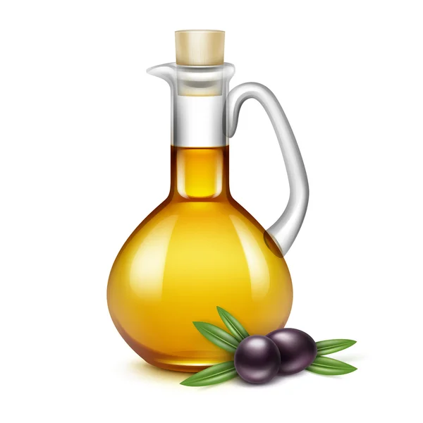 Aceite de oliva vaso jarra jarra botella aceitunas ramas hojas — Vector de stock