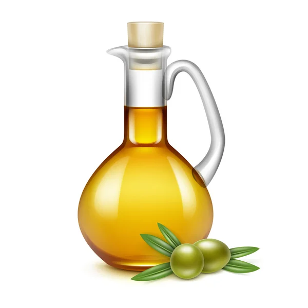 Aceite de oliva vaso jarra jarra botella aceitunas ramas hojas — Vector de stock