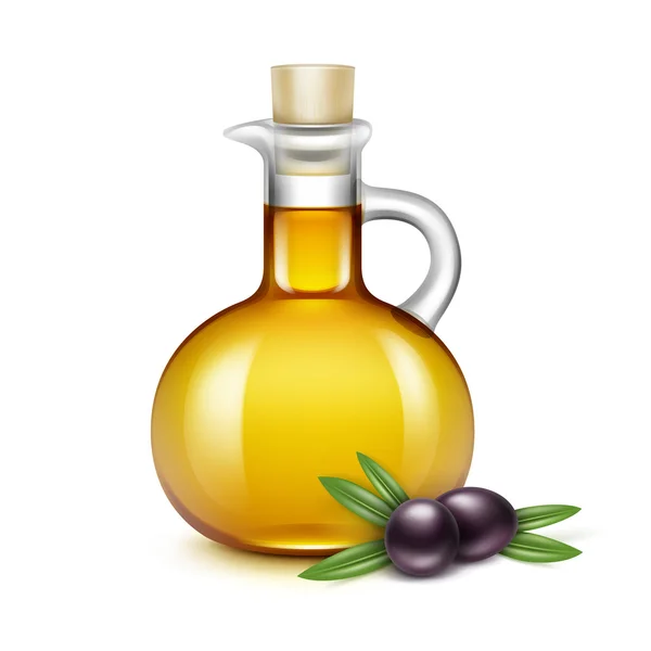 Aceite de oliva vaso jarra jarra botella aceitunas ramas hojas — Archivo Imágenes Vectoriales