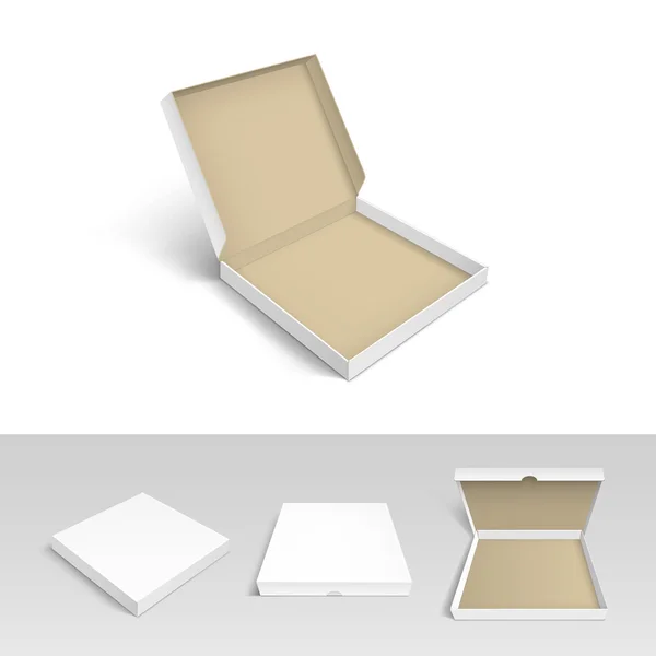 Πίτσα κουτί από χαρτόνι συσκευασίας πακέτο σύνολο απομονώνονται σε λευκό φόντο — Διανυσματικό Αρχείο
