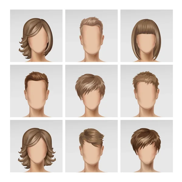 Multinational Homme Femme Visage Avatar Profil Têtes Cheveux Icône Set — Image vectorielle