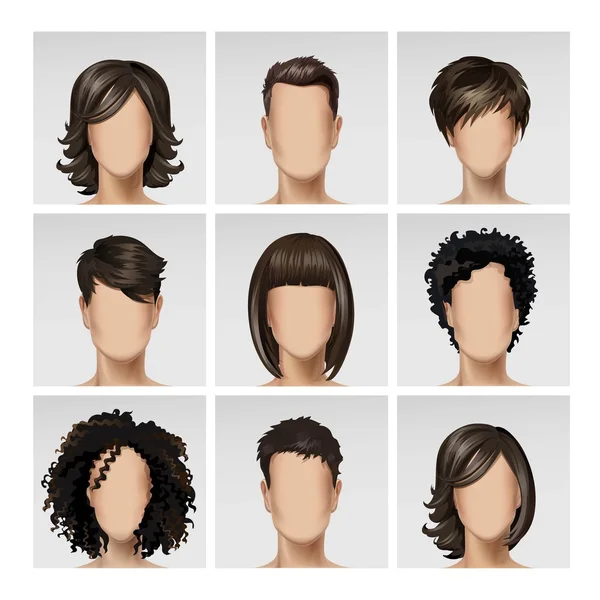 Multinational Homme Femme Visage Avatar Profil Têtes Cheveux Icône Set — Image vectorielle