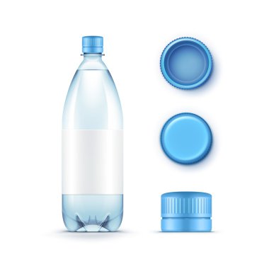 Vektör boş plastik mavi su şişesi kümesiyle beyaz arka plan üzerinde izole kapaklar
