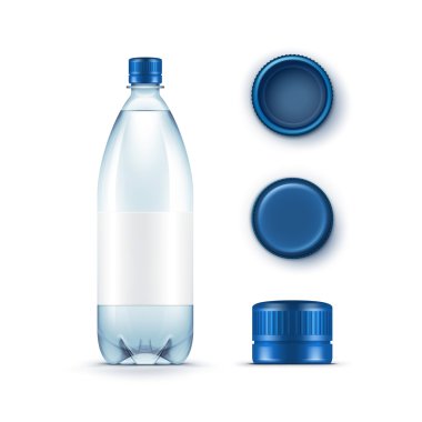 Vektör boş plastik mavi su şişesi kümesiyle beyaz arka plan üzerinde izole kapaklar