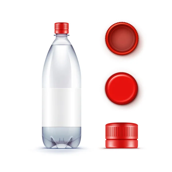 Vector lege Plastic blauwe waterfles met verzameling rode Caps geïsoleerd op witte achtergrond — Stockvector