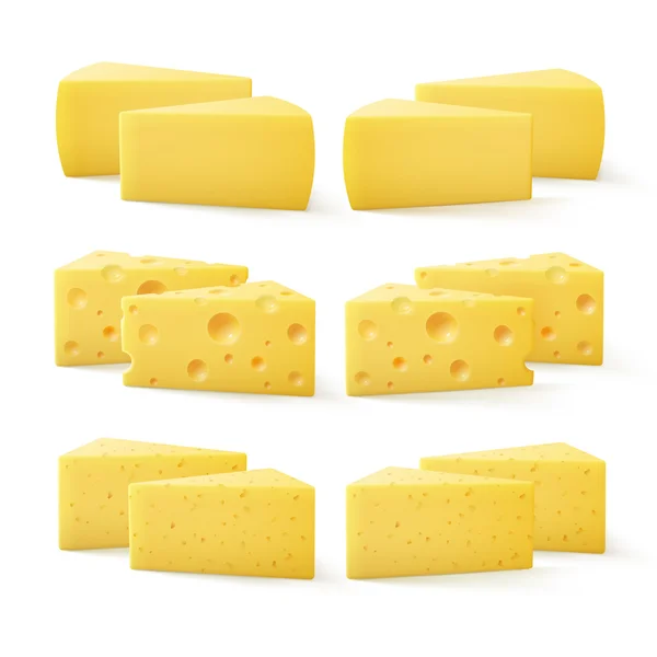 Vektorové sada z trojúhelníkové kusy z různých druh švýcarského sýra zblízka izolované na bílém pozadí — Stockový vektor