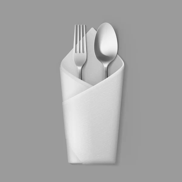 Servilleta de sobre plegada blanca con ajuste de mesa de cuchara de tenedor de plata — Vector de stock