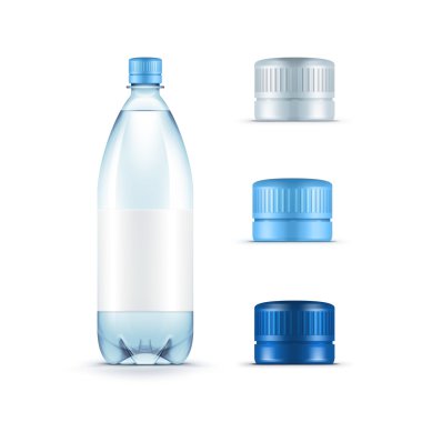 Vektör boş plastik mavi su şişesi kümesiyle beyaz arka plan üzerinde izole kapaklar