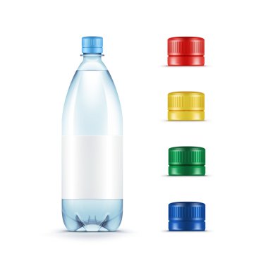 Vektör boş plastik mavi su şişesi ile çok renkli kırmızı sarı yeşil kapaklar beyaz arka plan üzerinde izole kümesi