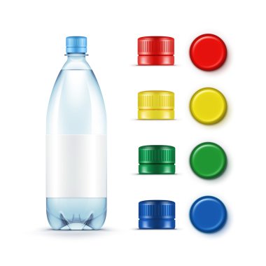 Vektör boş plastik mavi su şişesi ile çok renkli kırmızı sarı yeşil kapaklar beyaz arka plan üzerinde izole kümesi