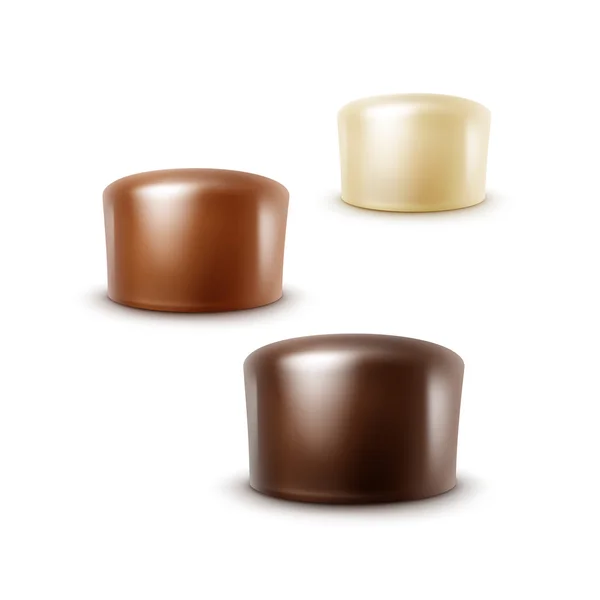 Realistische schwarze dunkle bittere weiße Milchschokolade Bonbons — Stockvektor