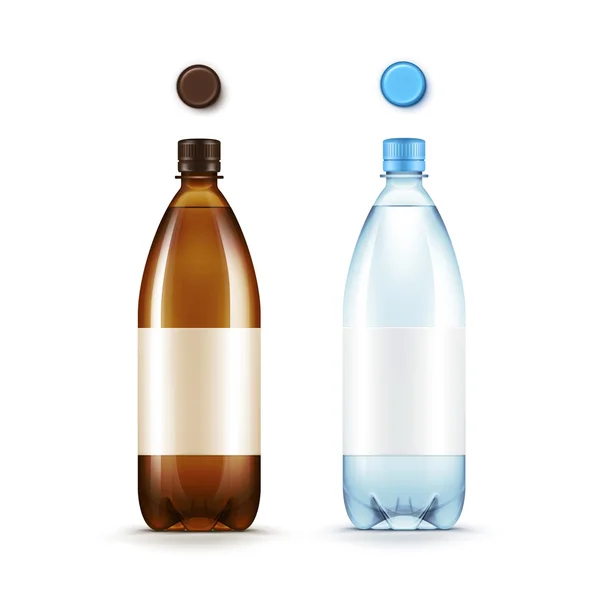Διάνυσμα κενό πλαστικό καφέ και μπλε μπουκάλι με το σύνολο των καλυμμάτων που απομονώνονται σε λευκό φόντο — Διανυσματικό Αρχείο