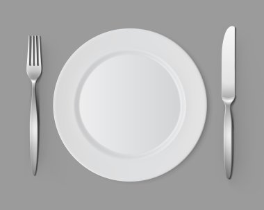 White Empty Flat Round Plate with Fork Knife Table Setting clipart