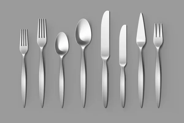 Komplet sztućców widelce srebrne łyżki i noże. Nakrycie stołu — Wektor stockowy