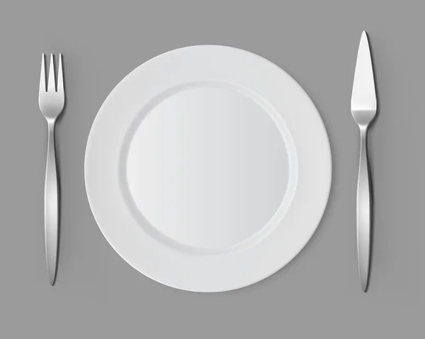 Weiß leer flacher runder Teller Fischgabel Messer Tischdekoration — Stockvektor