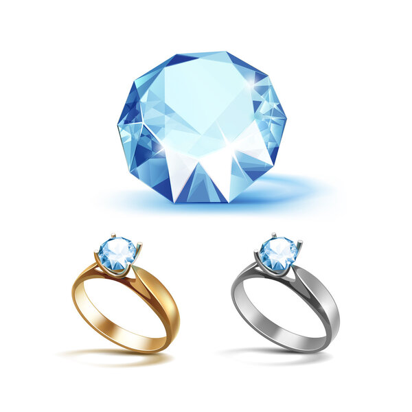 Gold and Siver Engagement Rings with Light Blue Shiny Diamond