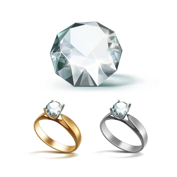 Ouro e Siver anéis de noivado com diamante claro brilhante branco — Vetor de Stock
