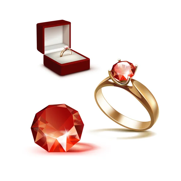 Bague de fiançailles en or vectoriel avec diamant transparent brillant rouge dans une boîte à bijoux rouge Fermer Isolé sur fond blanc — Image vectorielle