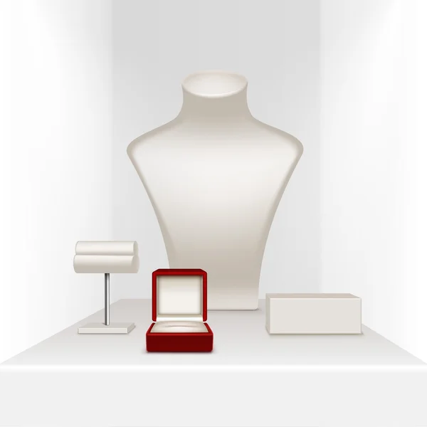 Белые серьги ожерелье браслет стенд для ювелирных изделий с красным ящиком — стоковый вектор