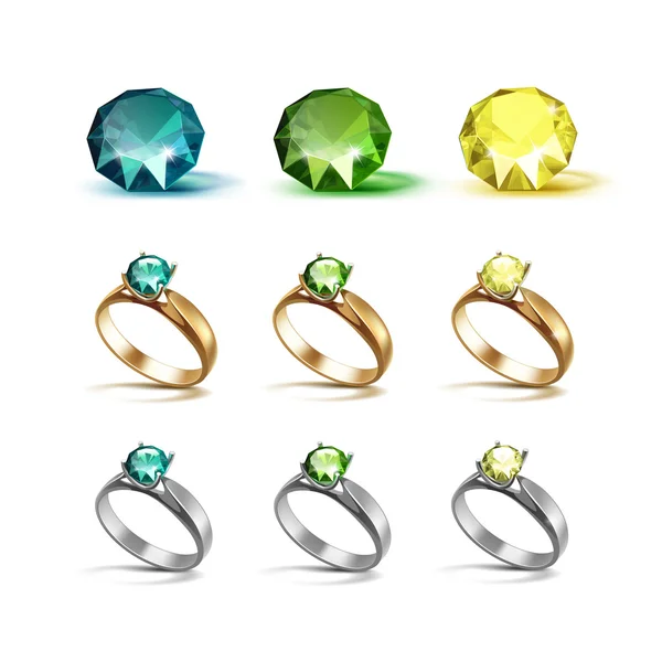 Bagues de fiançailles Gold Siver avec diamants vert émeraude et jaune — Image vectorielle