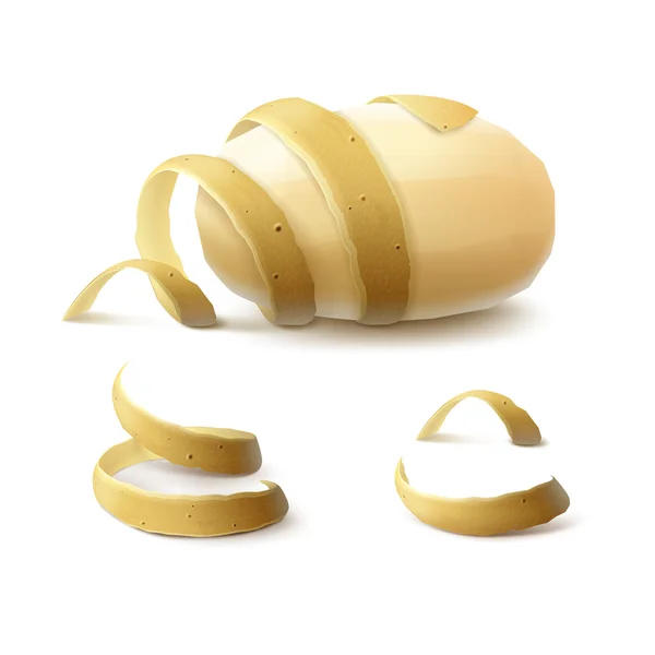 Nové žluté syrové celé oloupané brambory s kroucenými slupkou izolované — Stockový vektor