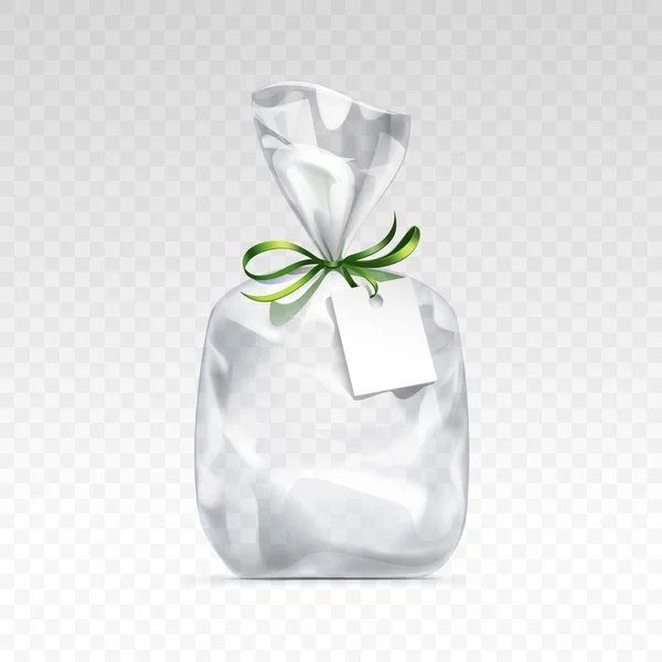 Vuoto trasparente sacchetto di plastica imballaggio bianco bianco etichetta isolato sfondo — Vettoriale Stock