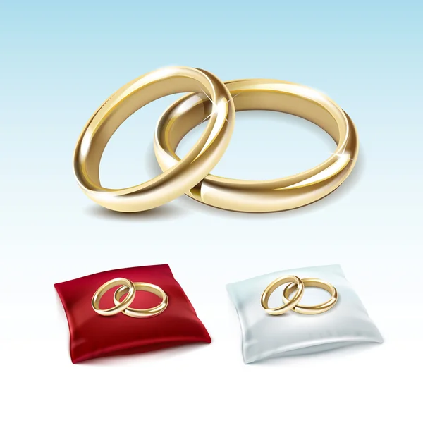 Anillos de boda de oro en rojo blanco almohada de satén aislado — Vector de stock