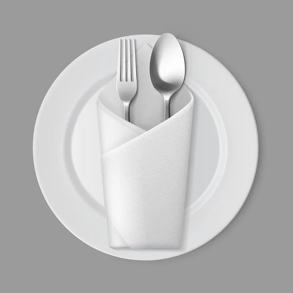 Servilleta redonda plana vacía blanca de la cuchara de tenedor de plata de la placa redonda — Archivo Imágenes Vectoriales