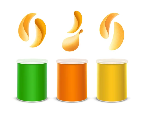 Ensemble vectoriel de tube de récipient de boîte d'étain jaune orange vert coloré pour la conception d'emballage avec pile de croustilles de pommes de terre Fermer Isolé sur fond blanc — Image vectorielle