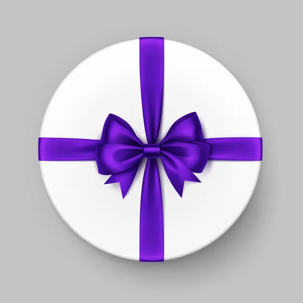 Bílé kulaté dárkové krabičce s mašlí fialová fialovou saténovou mašlí — Stockový vektor