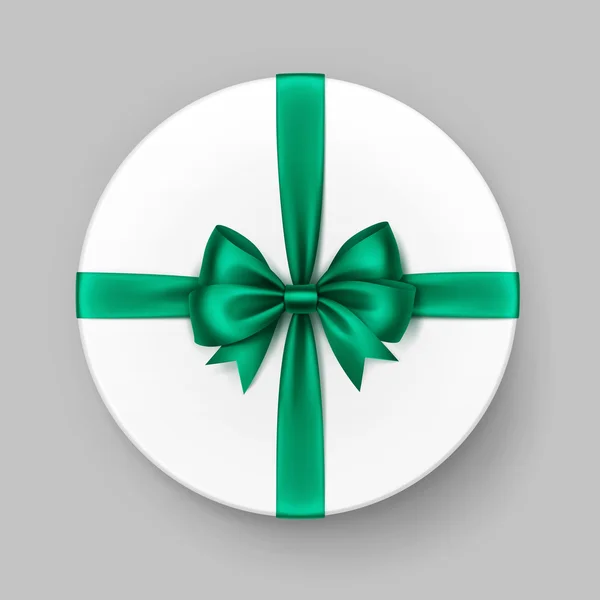 明るい緑のサテンの弓リボン付きギフト ボックス ラウンド ホワイト — ストックベクタ