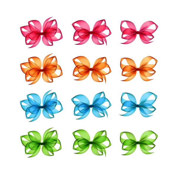 Vektör ayarla, renkli parlak turuncu pembe ışık mavi yeşil hediye yay, farklı şekiller yakın göl kenarında beyaz arka plan üzerinde