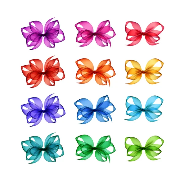 Vektör ayarla, renkli parlak ışık mavi yeşil zümrüt sarı turuncu kırmızı Scarlet pembe Eflatun mor hediye yay, farklı şekiller yakın Isolated beyaz arka plan üzerinde