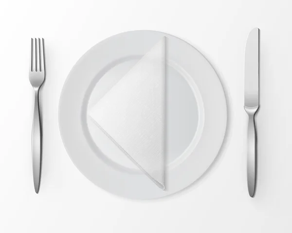 Vector White Empty Flat Round Plate with Silver Fork and Knife and White Folded Triangular Napkin Top View Isolated on White Background. Table Setting — Stock Vector