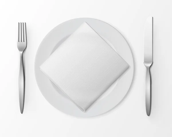 Vektor vitt Tom platta runda plattan med Silver gaffel och kniv och vit vikta kvadratiska servett ovanifrån isolerad på vit bakgrund. Dukningen — Stock vektor