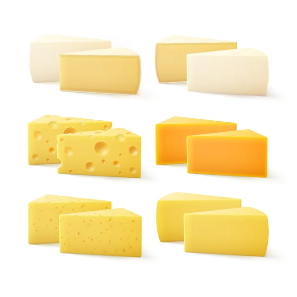 Vector conjunto de piezas triangulares de varios tipos de queso suizo Cheddar Bri Camembert parmesano primer plano aislado sobre fondo blanco — Archivo Imágenes Vectoriales