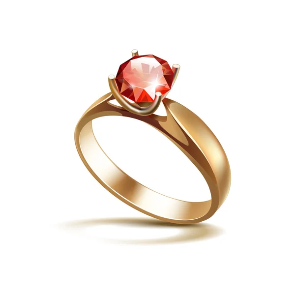 Zlatý zásnubní prsten s červeným lesklým jasné Diamond izolované — Stockový vektor