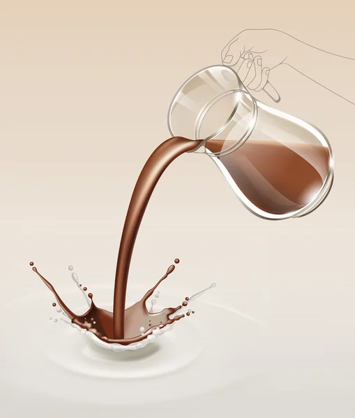 Wektor mleko czekoladowe Splash strumienia przepływu ze szklanym dzbankiem z bliska na białym tle na tle — Wektor stockowy