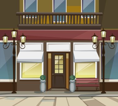 Vektör yaşlı Avrupa Shop butik müze Restoran Cafe mağaza önünde büyük camları olan yer adı, yeşillik, sokak fenerler ve kaldırım taşları için