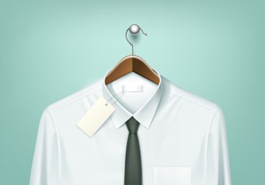 Beyaz gömlek ile kahverengi ahşap askı vektör giyim ceket ve siyah kravat boş etiketi etiket ile yakın çekim üzerinde arka izole