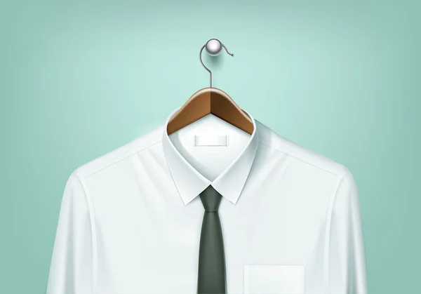 Vector kleding jas bruin houten Hanger met wit overhemd en zwarte stropdas close-up geïsoleerd op achtergrond — Stockvector