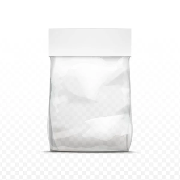 Vector blanco vertical sellado vacío transparente bolsa de plástico para el diseño del paquete cerca aislado sobre fondo transparente — Vector de stock