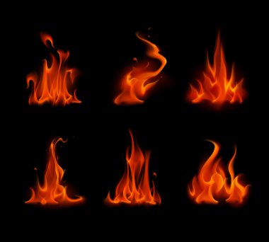 Vector Set of Different Red Scarlet Fire Flame Bonfire Isolated clipart