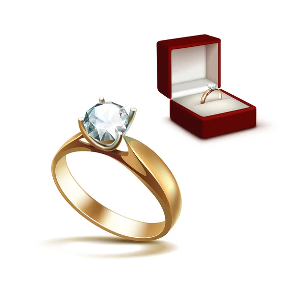 Bague de fiançailles en or avec diamant dans une boîte à bijoux — Image vectorielle