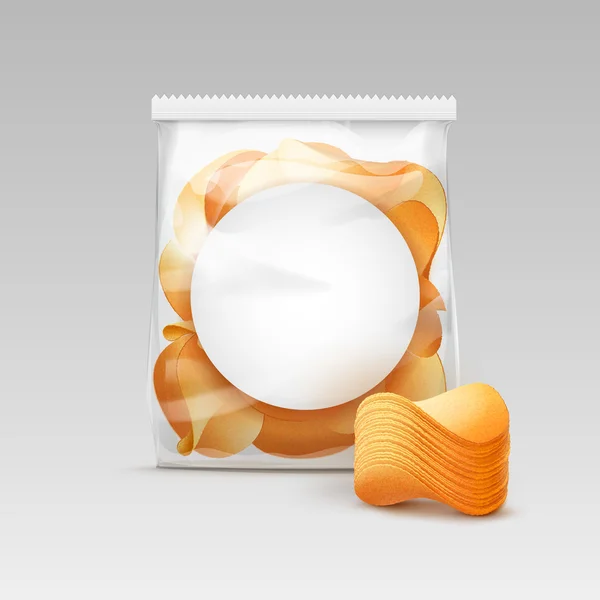 Weiße, transparente Plastiktüte mit Kartoffelchips — Stockvektor