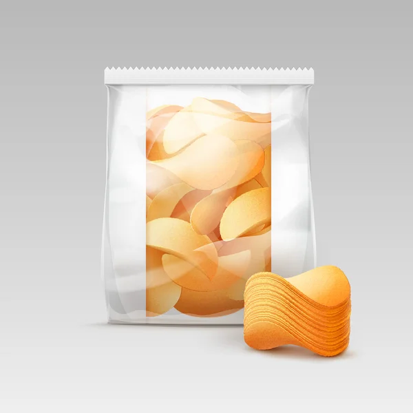 Sac en plastique transparent blanc avec chips de pommes de terre — Image vectorielle