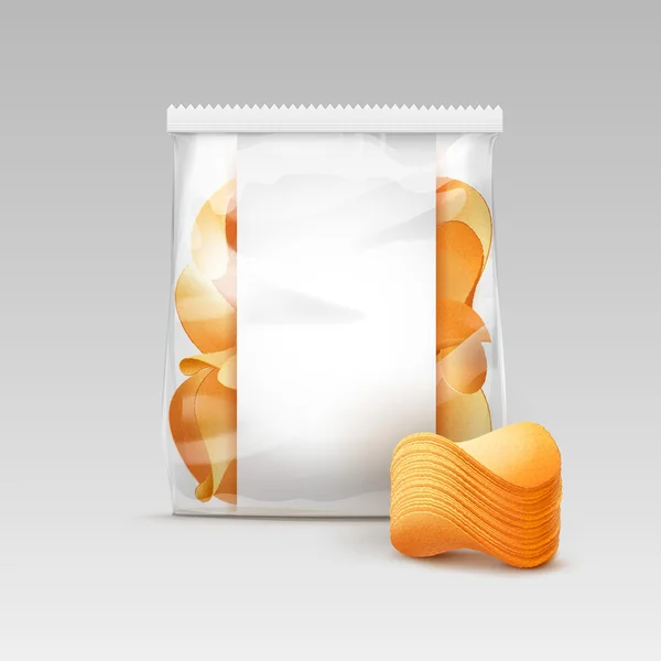 Vit Transparent plastpåse med potatischips — Stock vektor